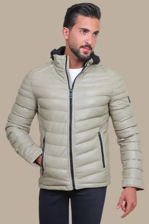 Beige Elegance: Hooded Leather Puffer Jacket