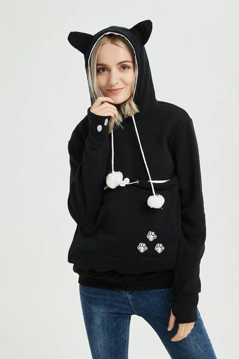 Big Pocket Drawstring Pom Pom Decorate Slim Hoodie