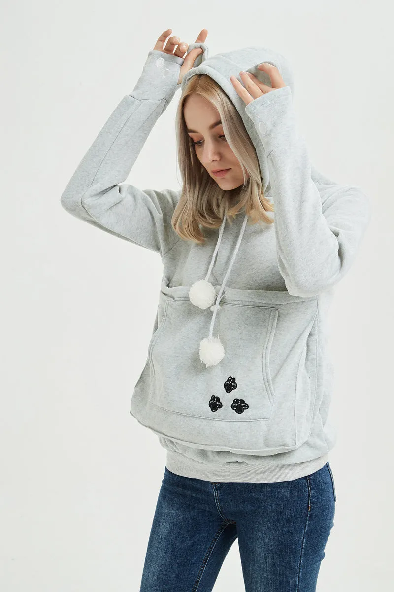 Big Pocket Drawstring Pom Pom Decorate Slim Hoodie