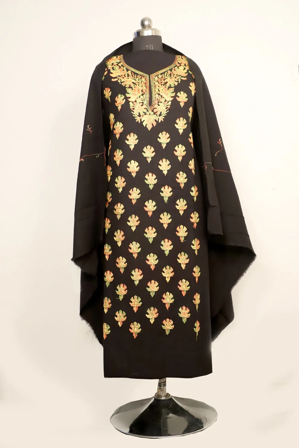 Black Color Kashmiri Woolen Aari Work Embroidered Unstitched Suit Fabric With Stole