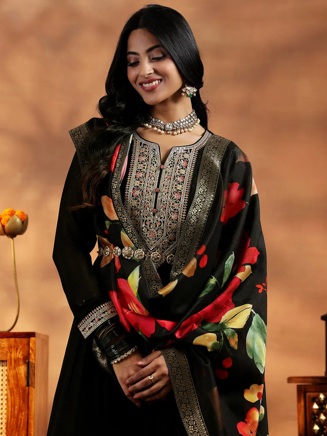 Black Yoke Design Silk Blend A-Line Kurta With Trousers & Dupatta