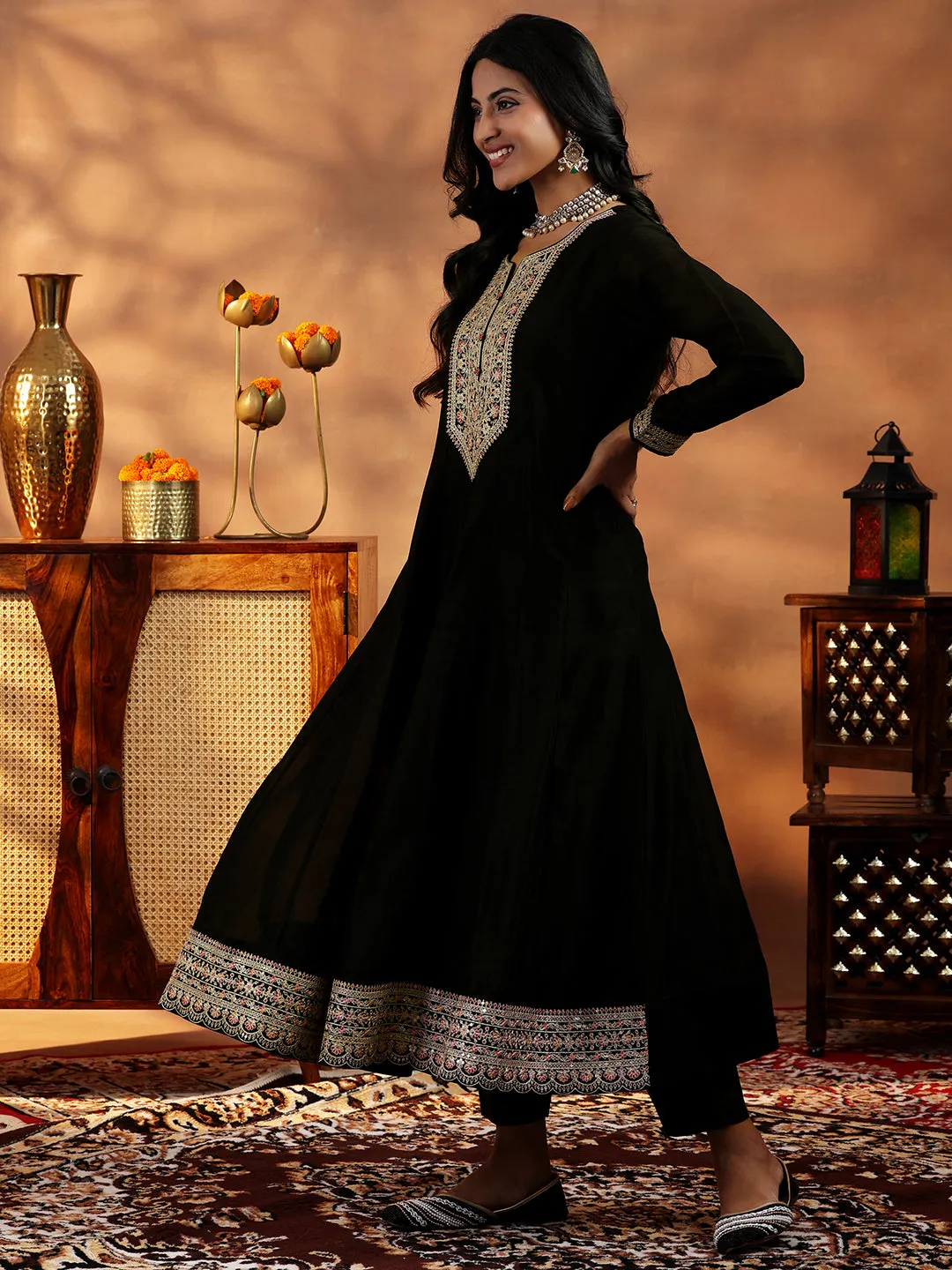 Black Yoke Design Silk Blend A-Line Kurta With Trousers & Dupatta