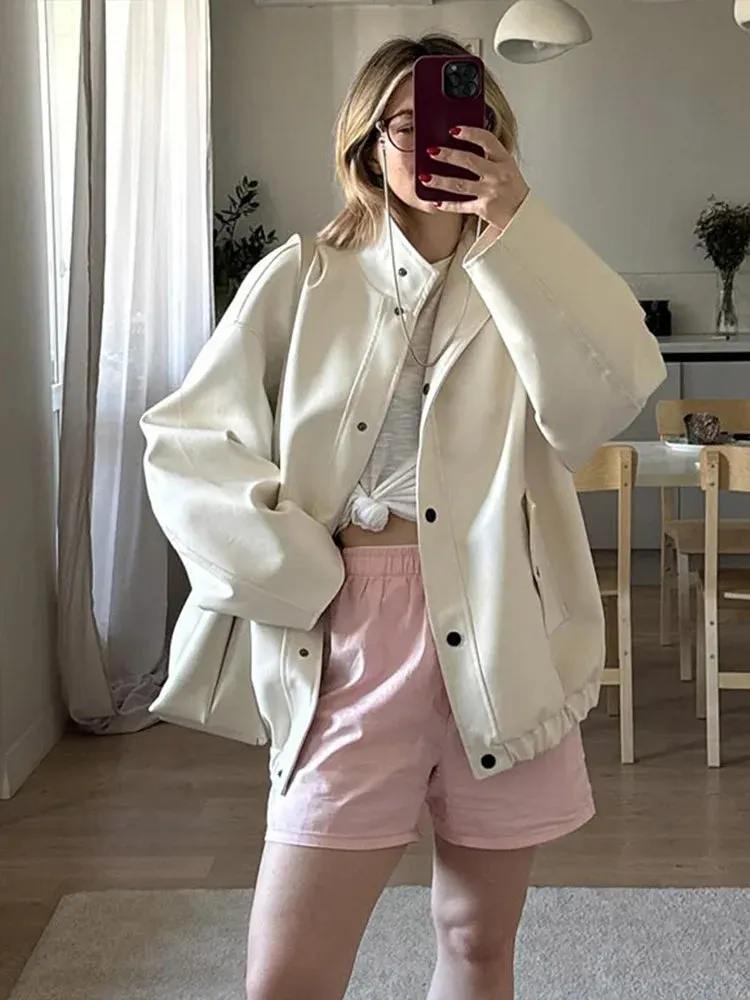 Bonnyshow Retro Solid Color Leather Women's Jacket Casual Loose Single Breasted Turndown Collar Jackets Fashion Windproof Women Coat