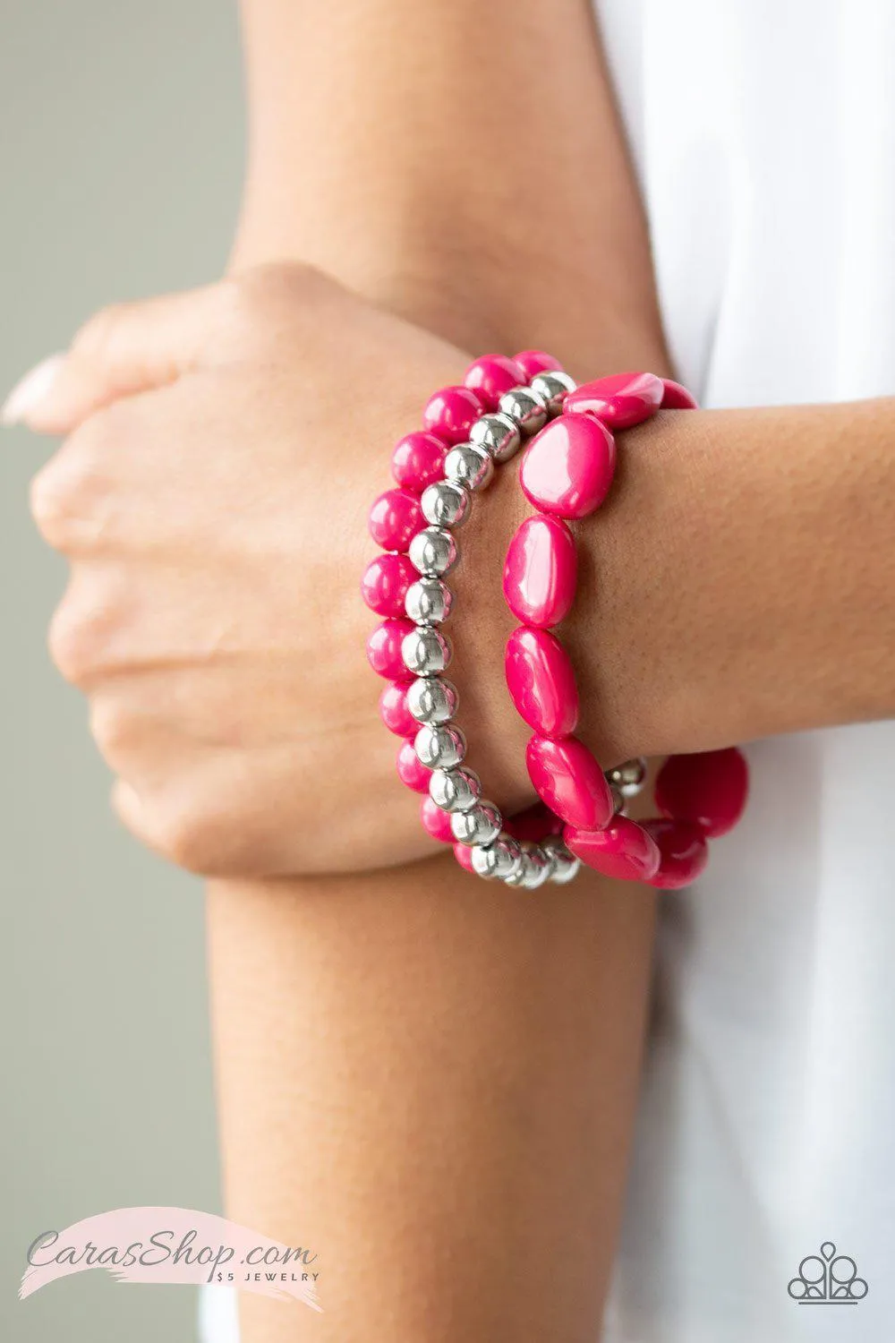 Color Venture Hot Pink and Silver Stretch Bracelet Set - Paparazzi Accessories