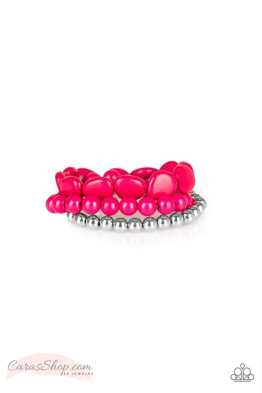 Color Venture Hot Pink and Silver Stretch Bracelet Set - Paparazzi Accessories