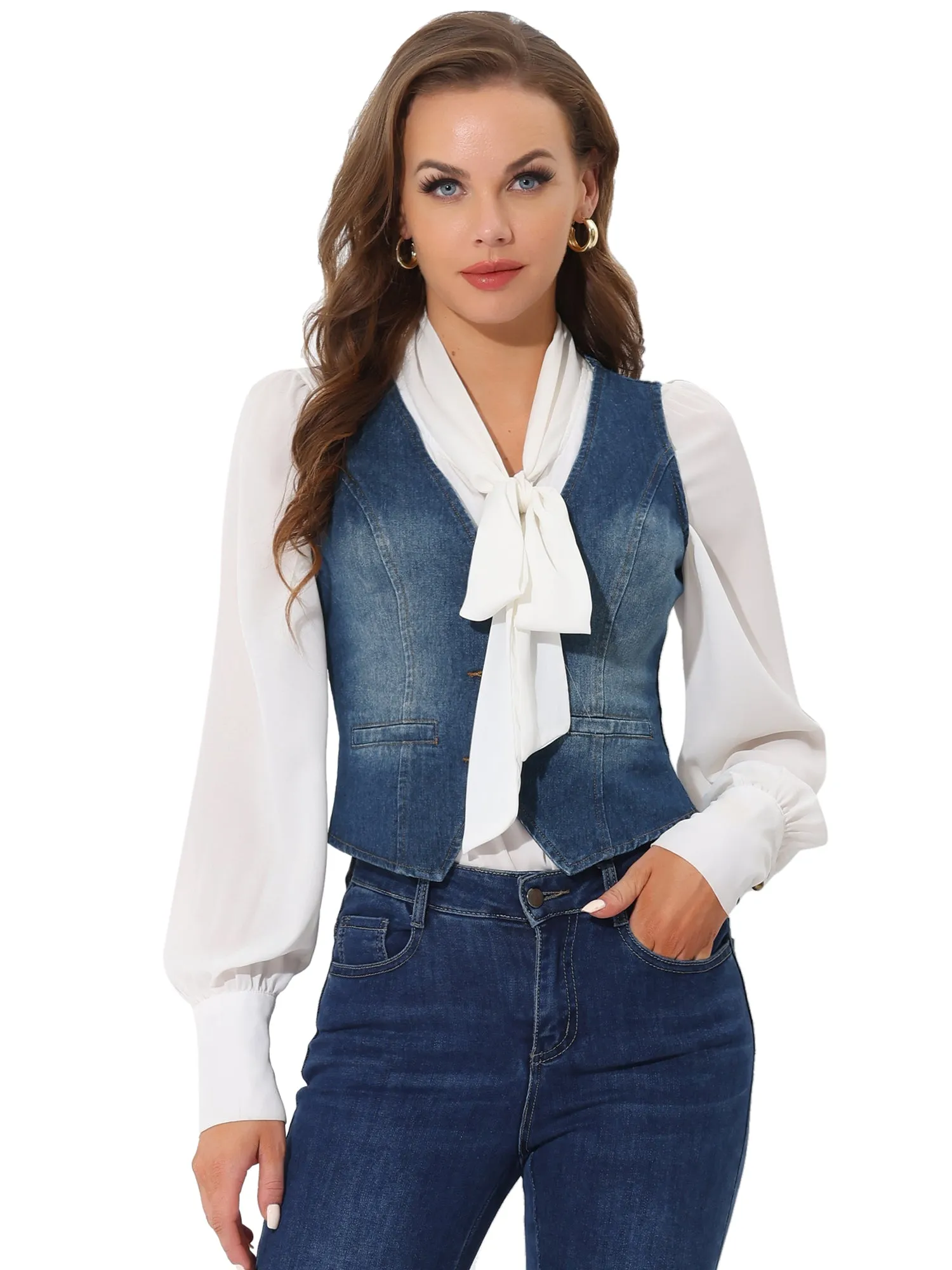 Denim Jakcet Sleeveless V Neck Button Down Casual Jean Waistcoat Vest