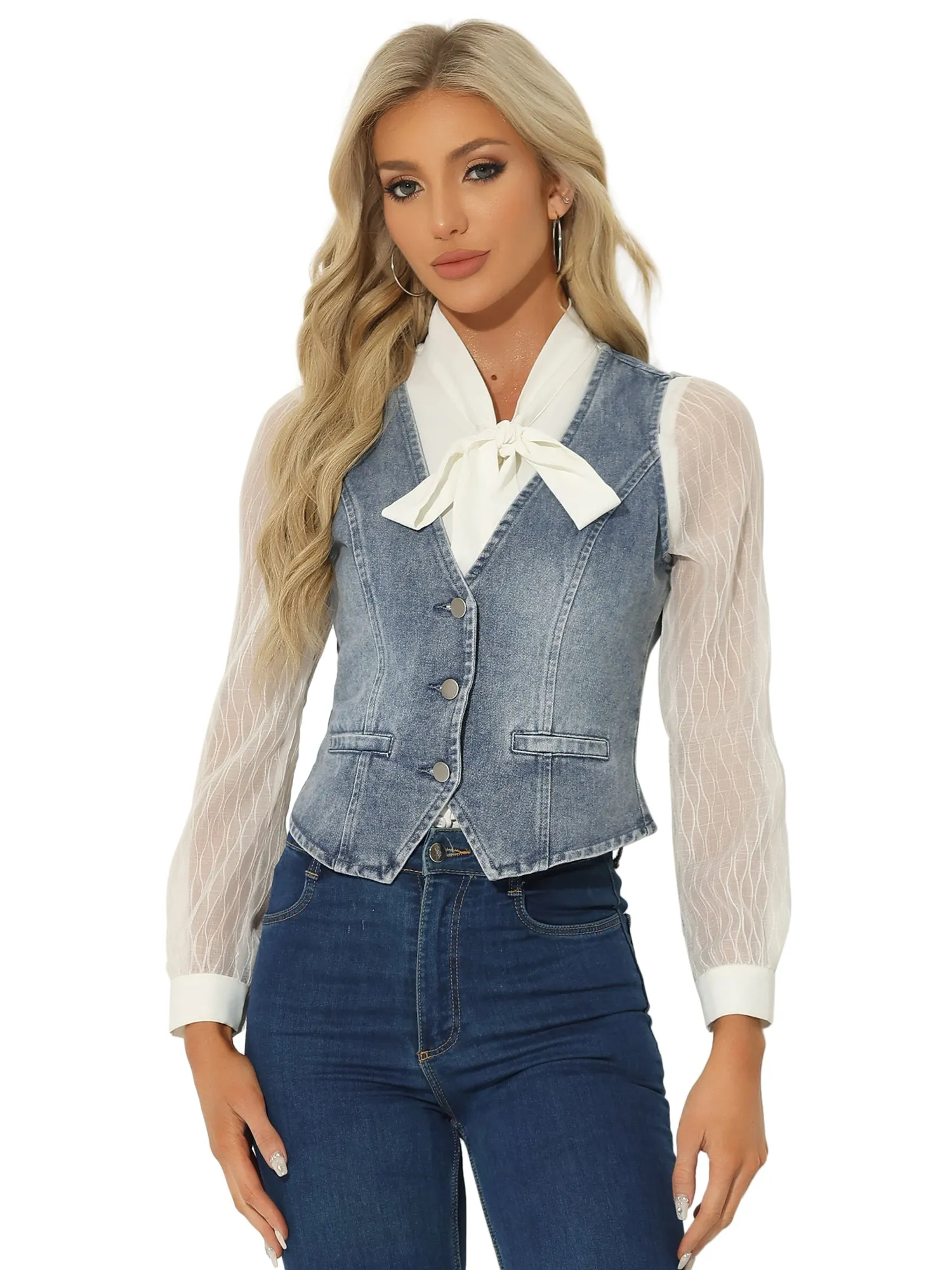 Denim Jakcet Sleeveless V Neck Button Down Casual Jean Waistcoat Vest