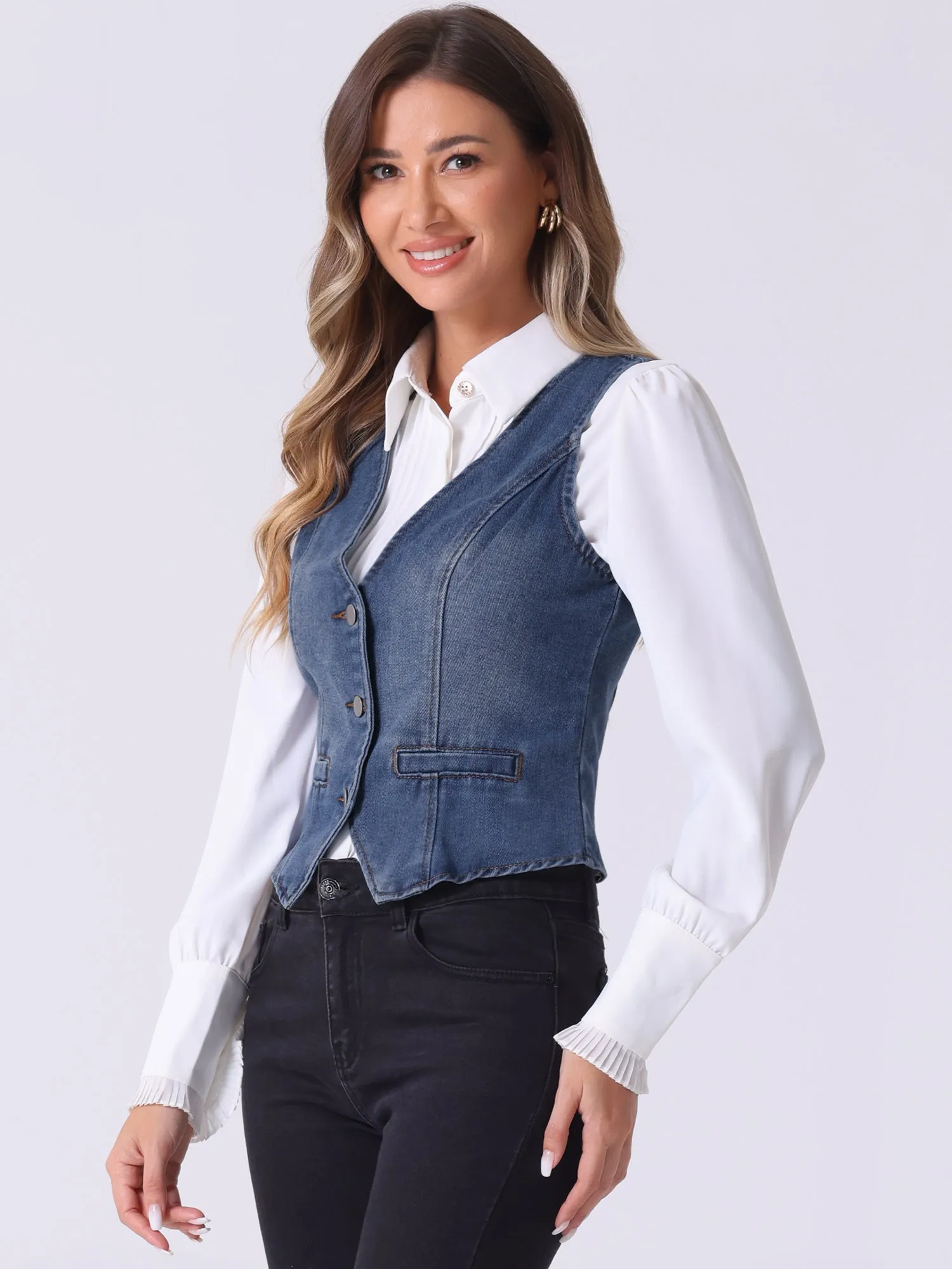 Denim Jakcet Sleeveless V Neck Button Down Casual Jean Waistcoat Vest