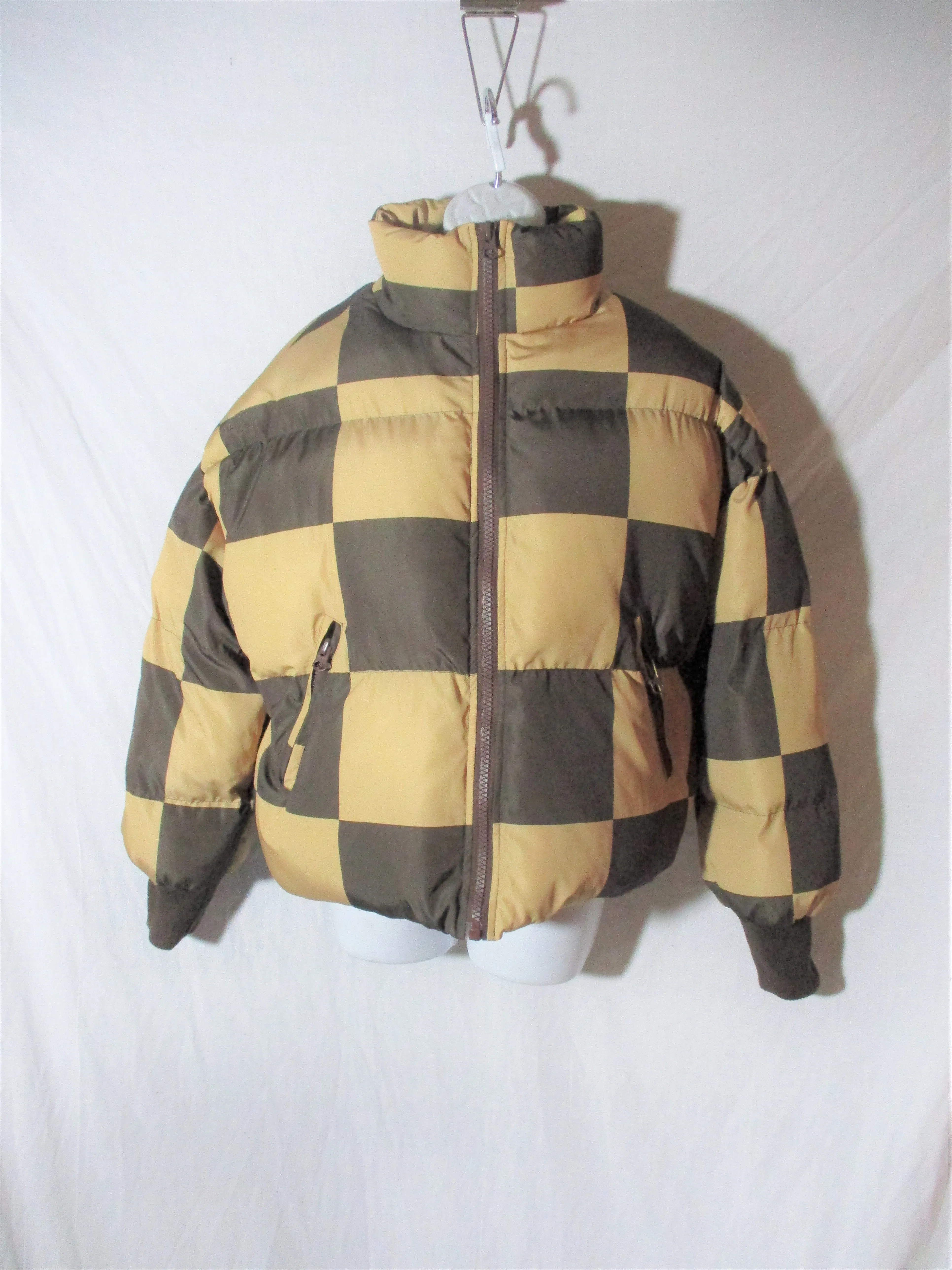 EDITKED PATCHWORK CHECK FULL ZIP JACKET Coat Parka Ski Puffer BROWN XS