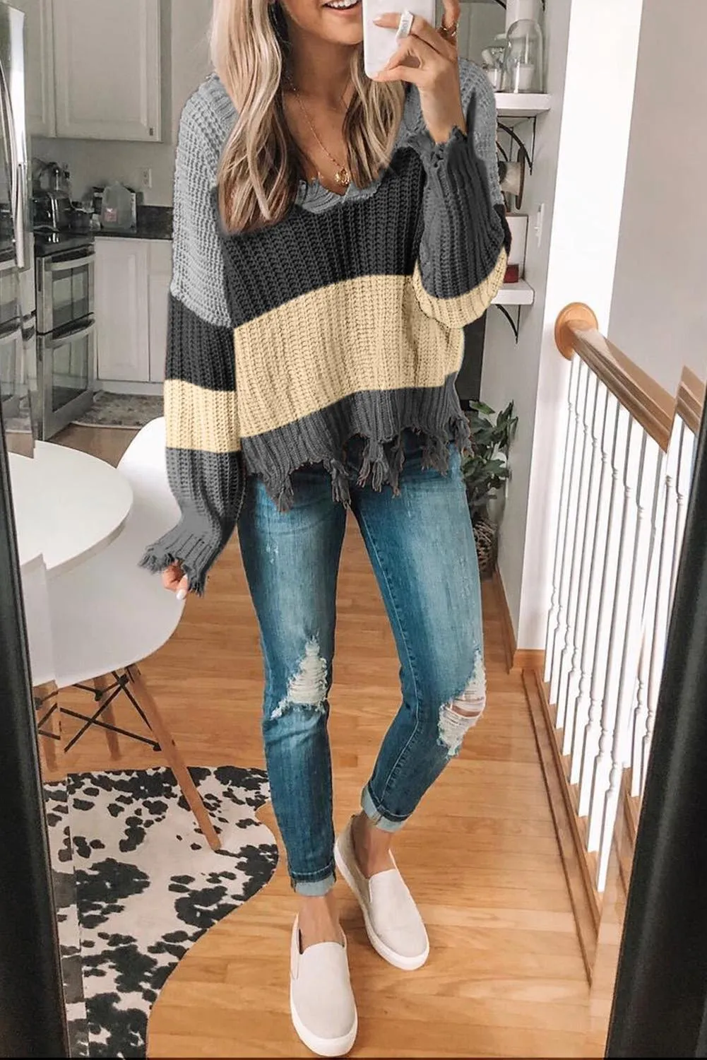 Gray Colorblock Distressed Sweater