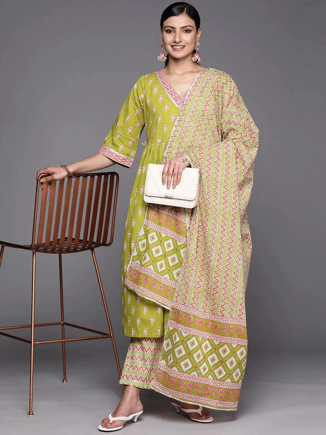 Green Printed Cotton A-Line Kurta With Trousers & Dupatta