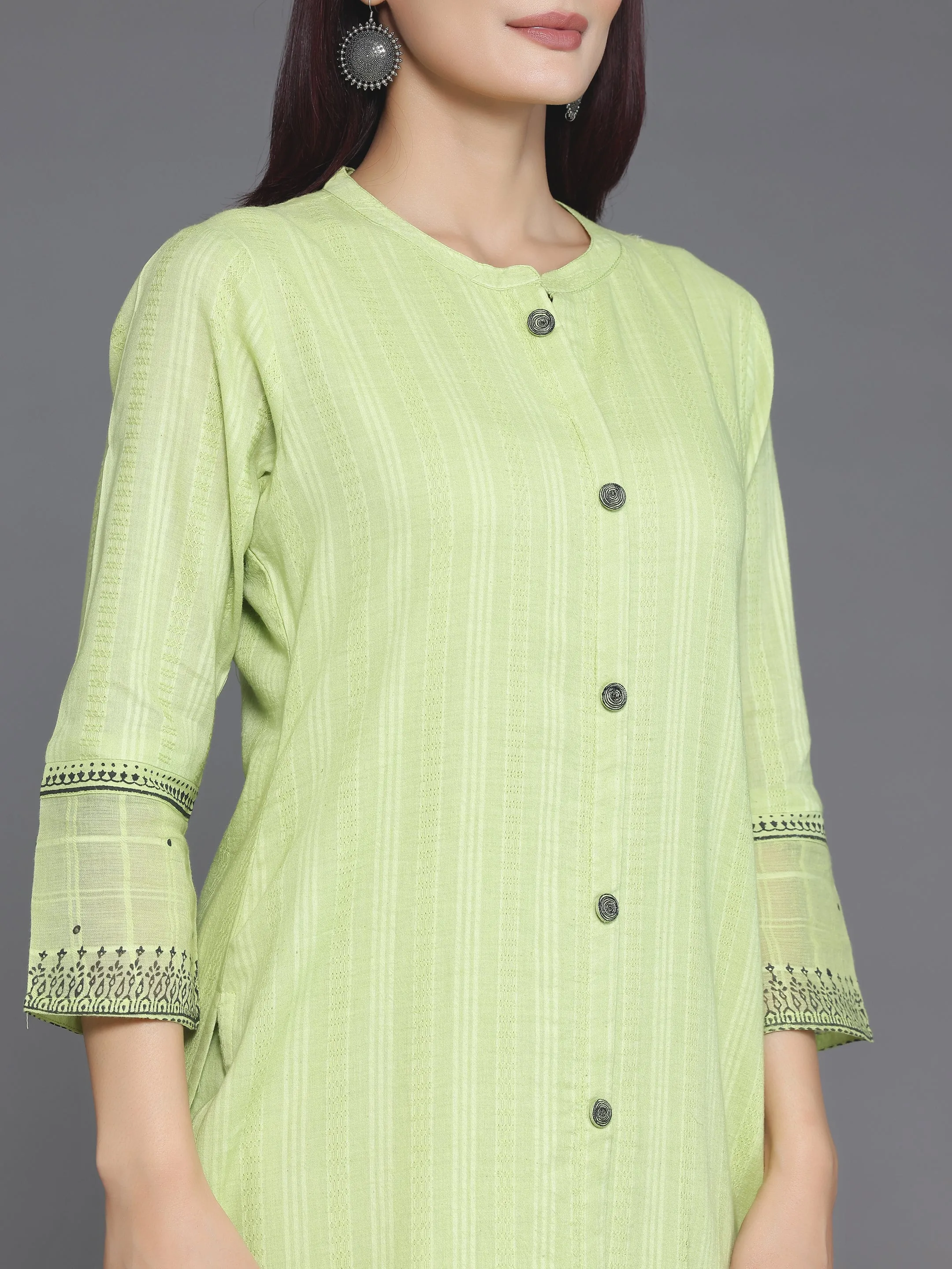 Green Woven Design Cotton Straight Suit With Dupatta