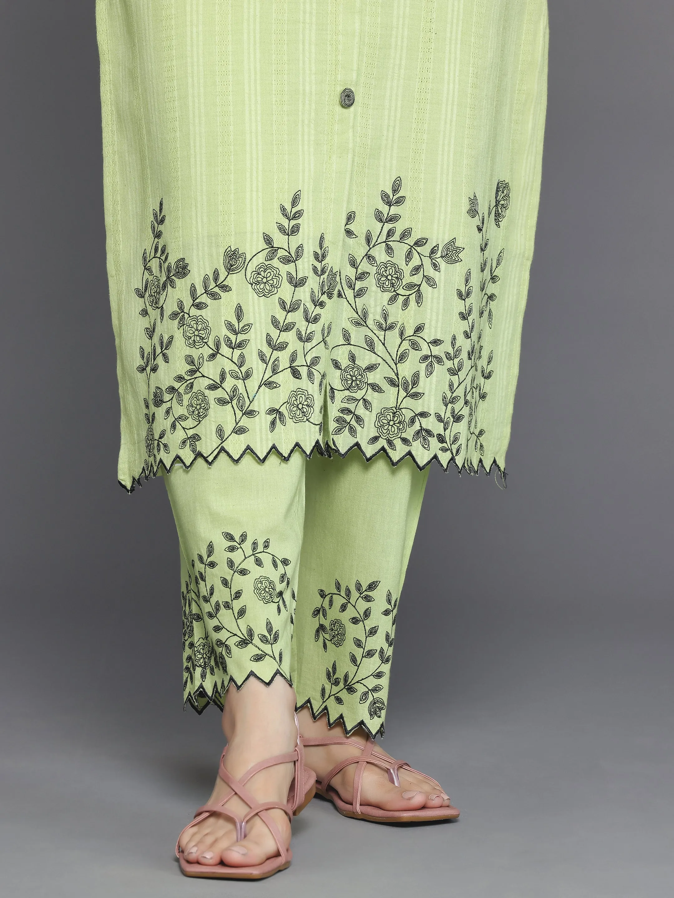 Green Woven Design Cotton Straight Suit With Dupatta