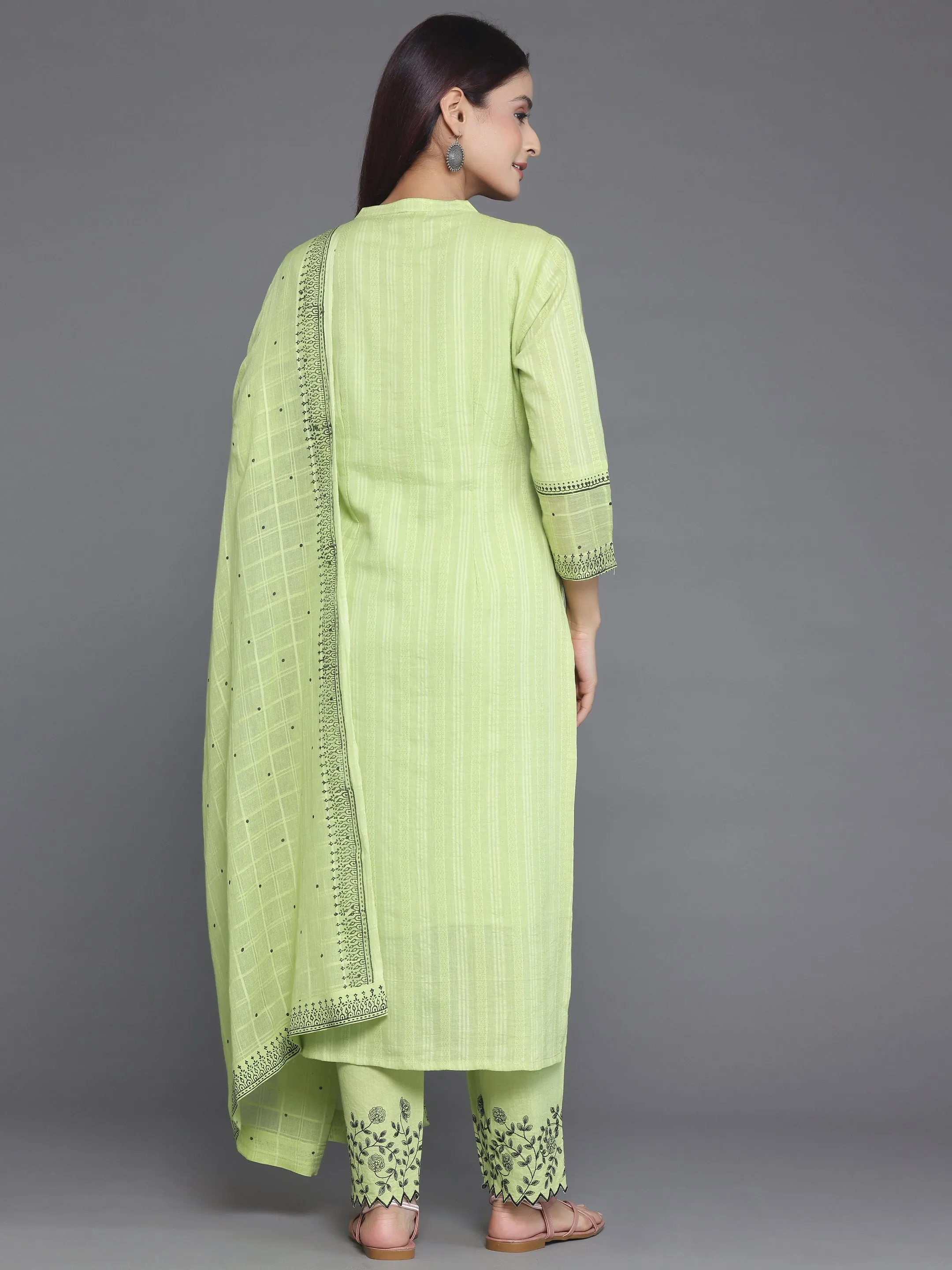 Green Woven Design Cotton Straight Suit With Dupatta