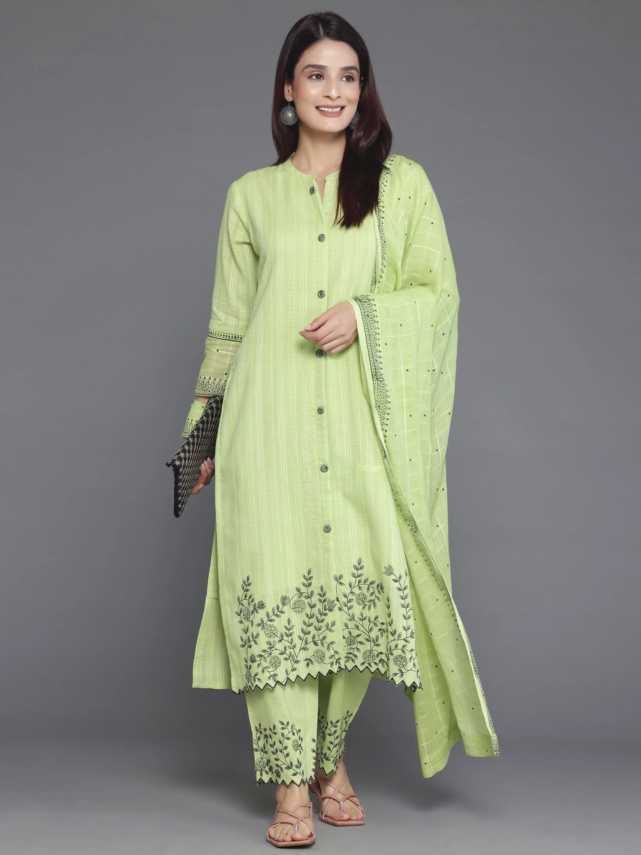 Green Woven Design Cotton Straight Suit With Dupatta