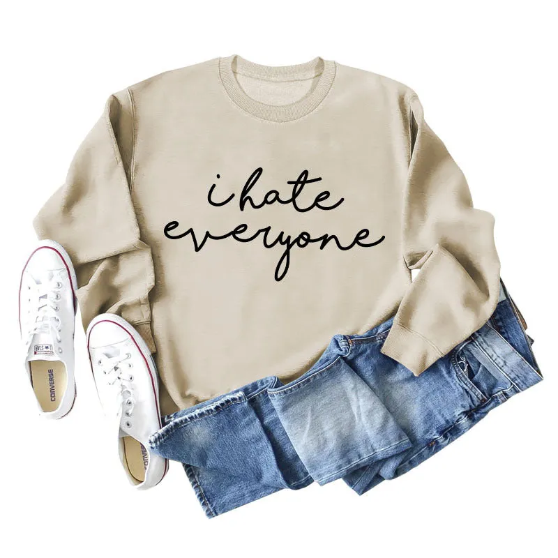 I Hate Everyone Monogram Print, Round Neck, Long Sleeves, Large Size Sweatshirt Woman