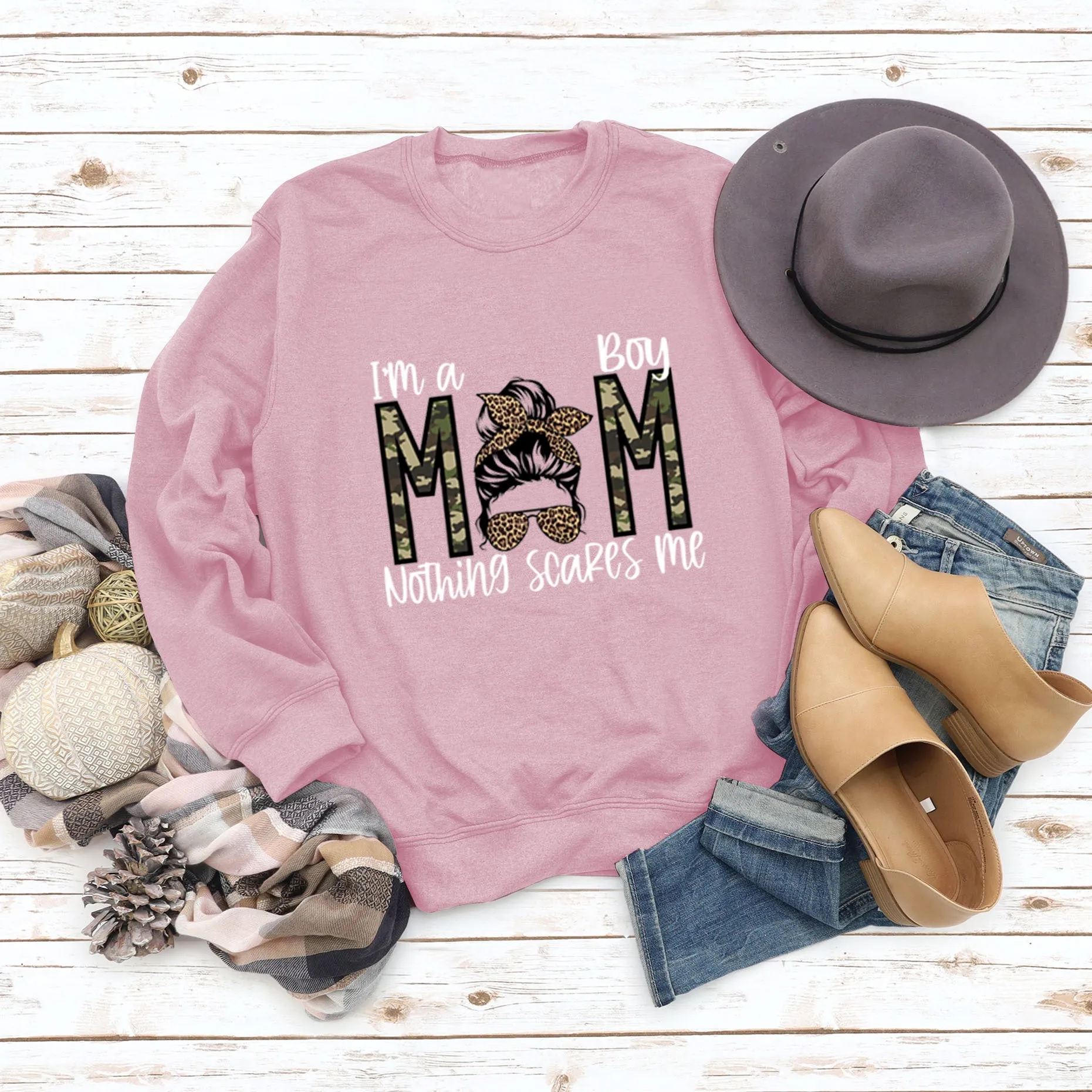 I`m A Boy MOM Leopard Print Sweatshirt Round Neck Letter Bottoming Long Sleeve