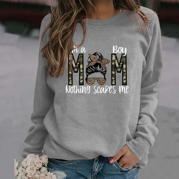 I`m A Boy MOM Leopard Print Sweatshirt Round Neck Letter Bottoming Long Sleeve