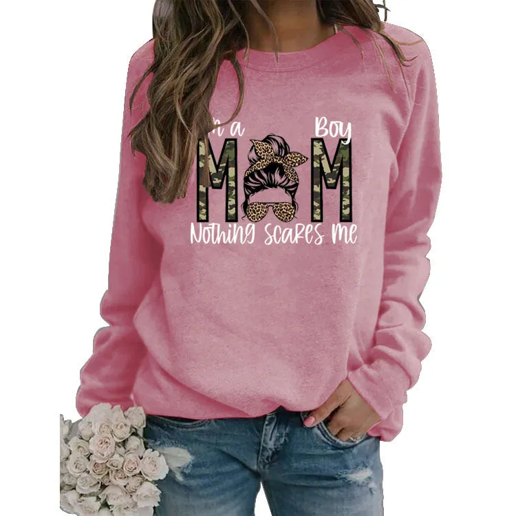 I`m A Boy MOM Leopard Print Sweatshirt Round Neck Letter Bottoming Long Sleeve