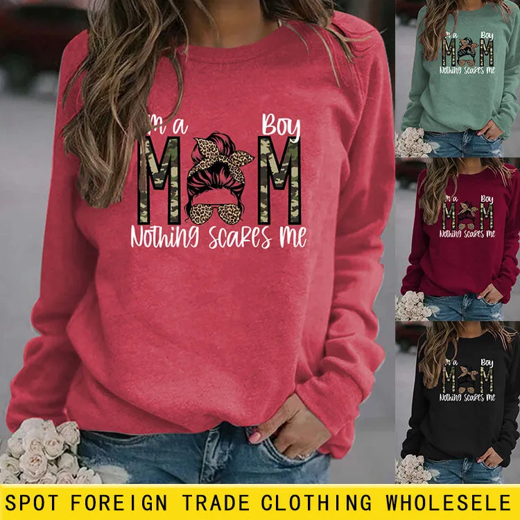 I`m A Boy MOM Leopard Print Sweatshirt Round Neck Letter Bottoming Long Sleeve