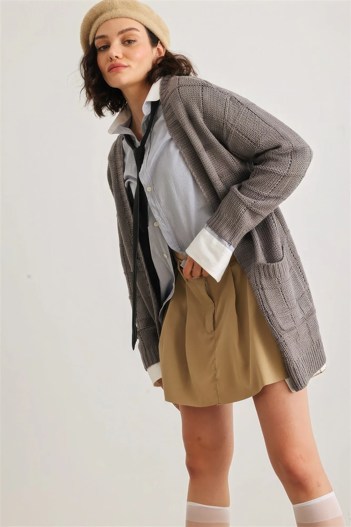 Knit Two Pocket Long Sleeve Open Front Cardigan