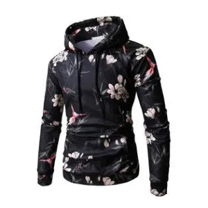 Men Stylish Flower Pattern Thick Long Sleeve Drawstring Winter Warm Pullover Hoodie - MHC19743