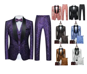 Men's 3 Pieces Tuxedo Suit Set Floral Pattern Premium Quality Blazer Waistcoat & Pants 3 Pcs Set Wedding Party & Festive Occasions | 802