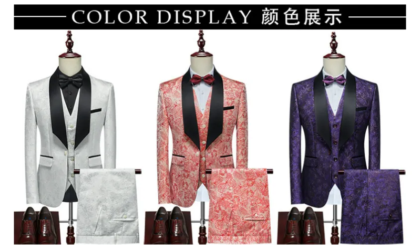 Men's 3 Pieces Tuxedo Suit Set Floral Pattern Premium Quality Blazer Waistcoat & Pants 3 Pcs Set Wedding Party & Festive Occasions | 802