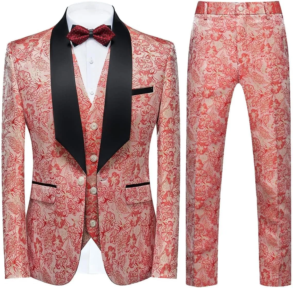 Men's 3 Pieces Tuxedo Suit Set Floral Pattern Premium Quality Blazer Waistcoat & Pants 3 Pcs Set Wedding Party & Festive Occasions | 802