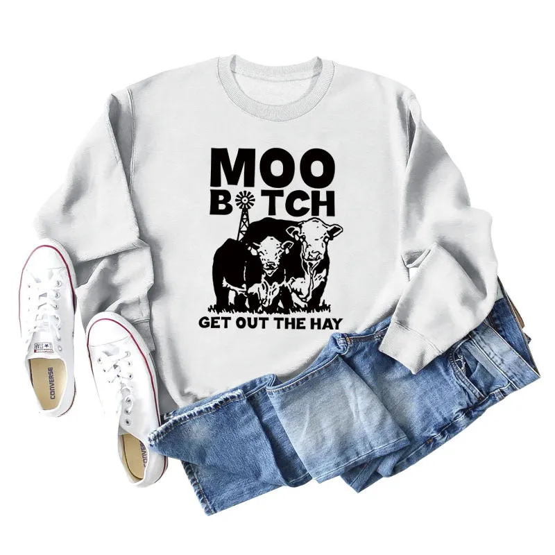 Moo Get Out The Letter Cattle Print Autumn and Winter Fashion Long Sleeve Sweater