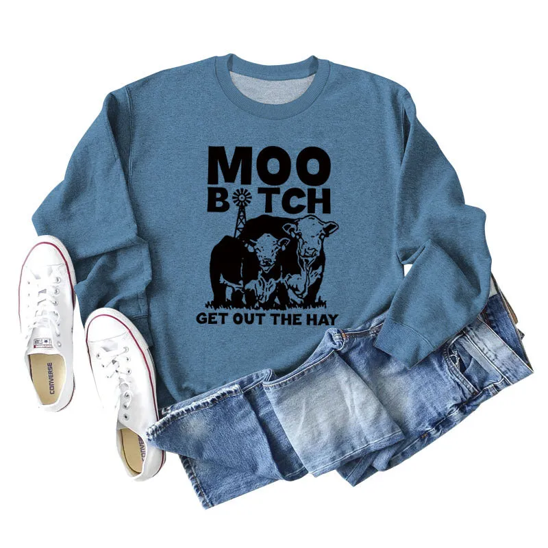 Moo Get Out The Letter Cattle Print Autumn and Winter Fashion Long Sleeve Sweater