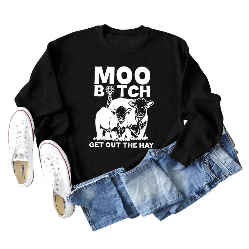 Moo Get Out The Letter Cattle Print Autumn and Winter Fashion Long Sleeve Sweater