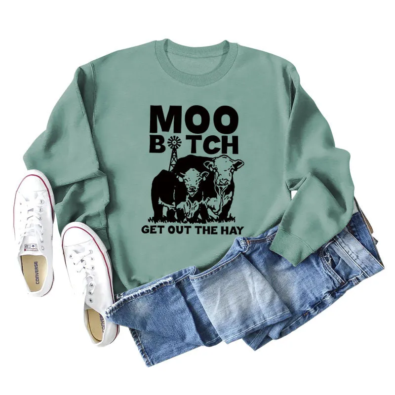 Moo Get Out The Letter Cattle Print Autumn and Winter Fashion Long Sleeve Sweater