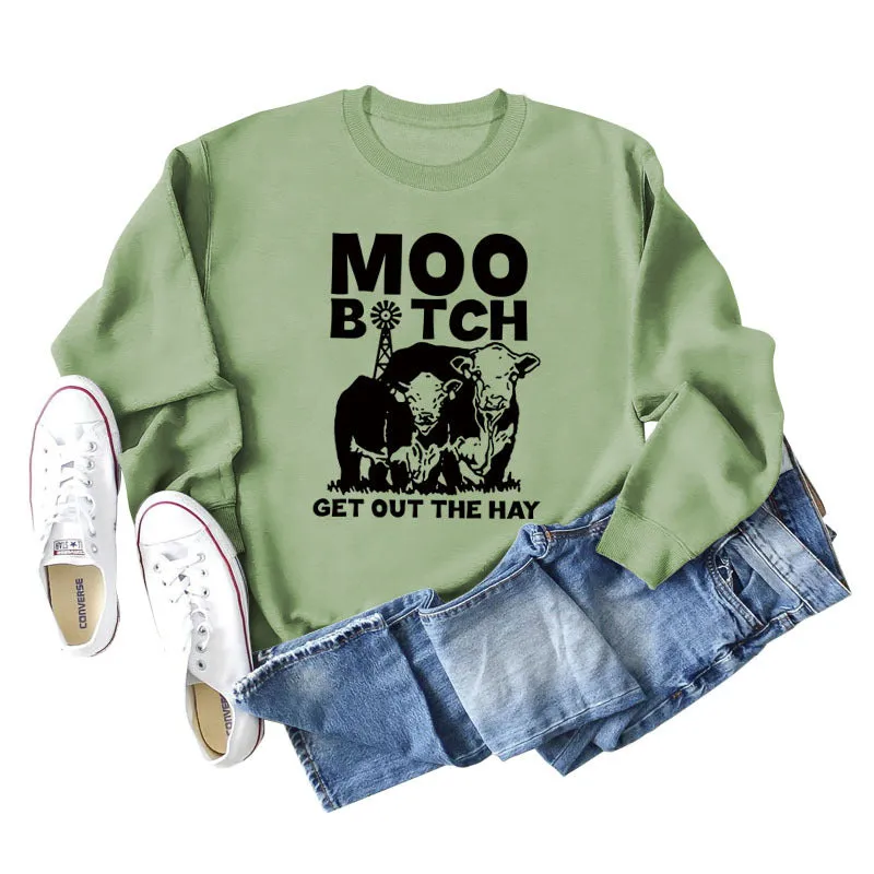 Moo Get Out The Letter Cattle Print Autumn and Winter Fashion Long Sleeve Sweater