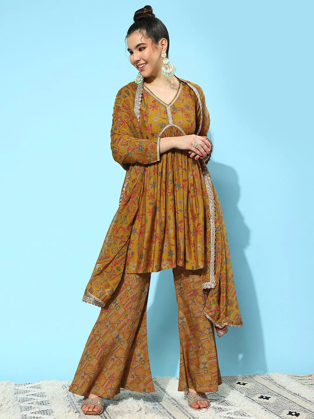 Mustard Printed Silk Blend A-Line Sharara Suit Set With Dupatta