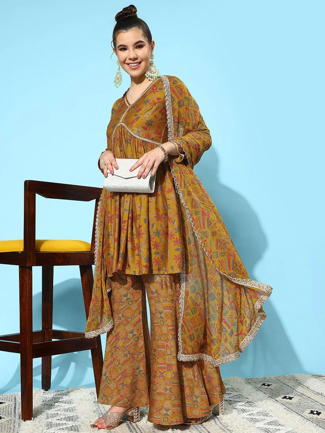 Mustard Printed Silk Blend A-Line Sharara Suit Set With Dupatta