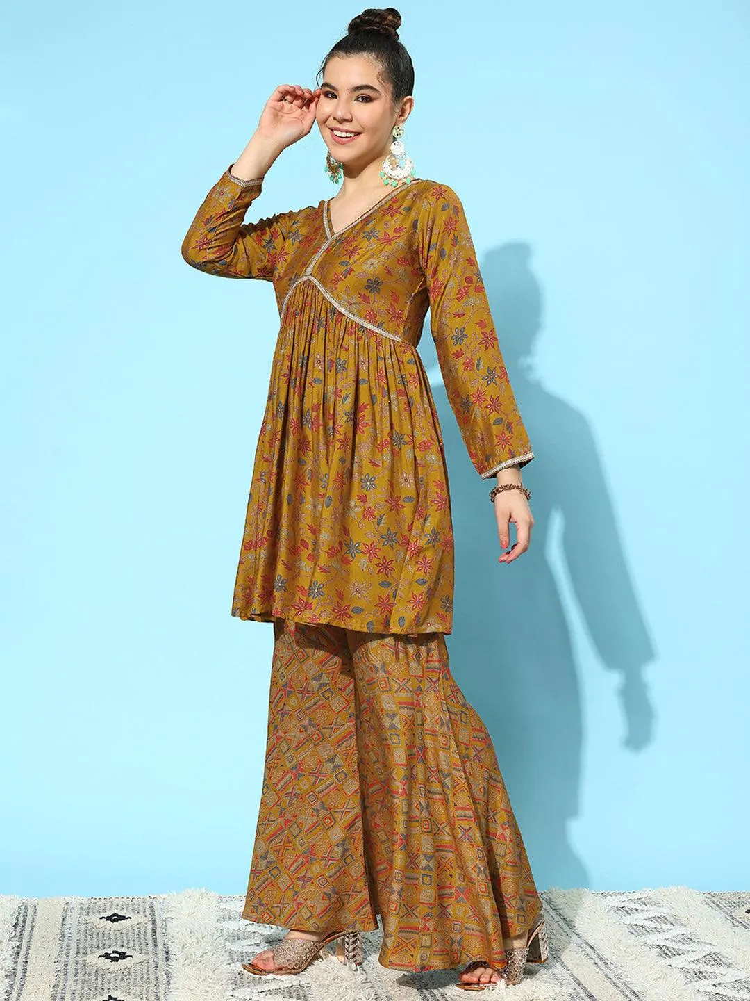 Mustard Printed Silk Blend A-Line Sharara Suit Set With Dupatta