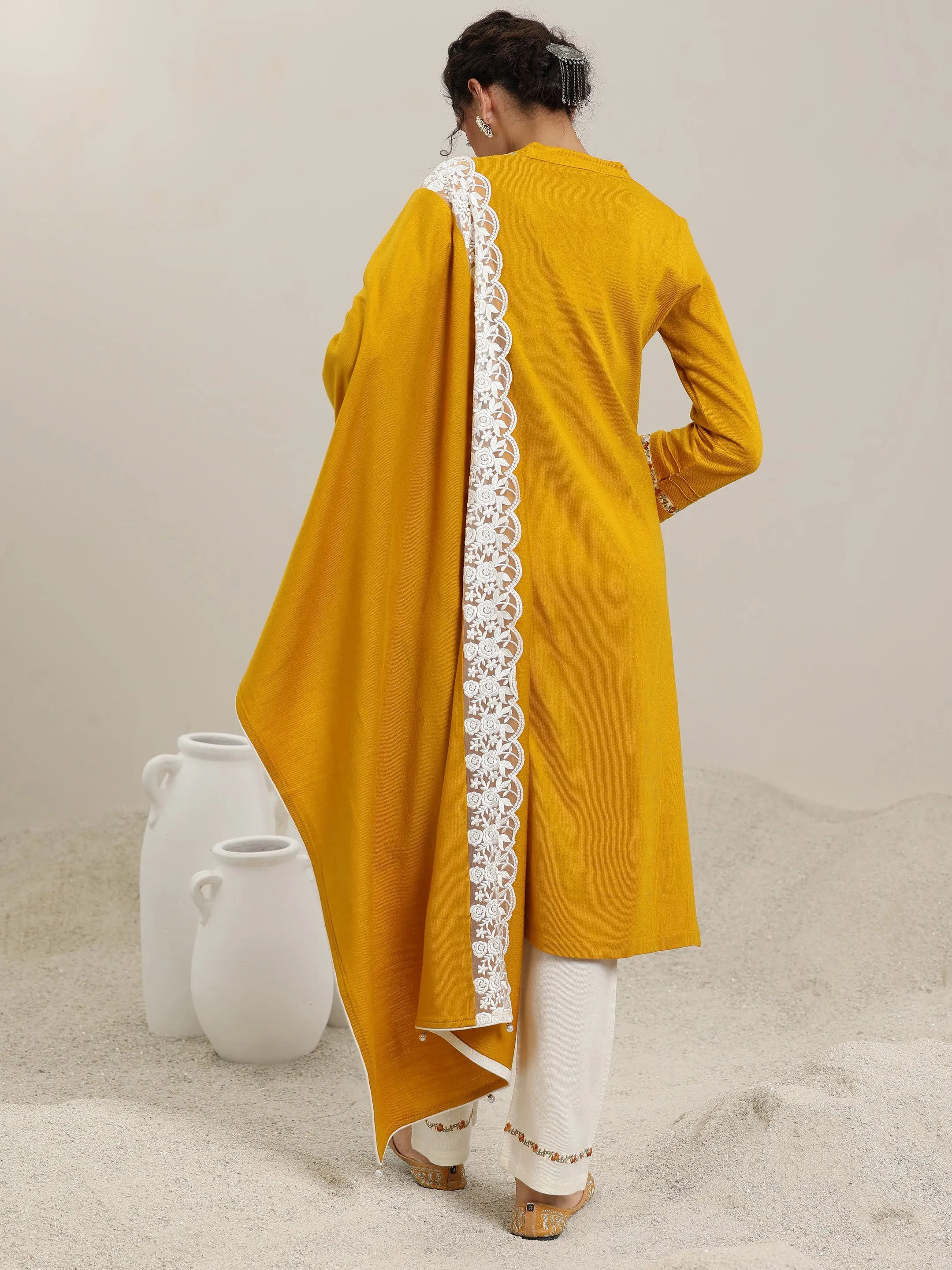 Mustard Yoke Design Wool Blend Straight Suit With Dupatta