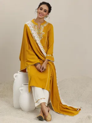 Mustard Yoke Design Wool Blend Straight Suit With Dupatta