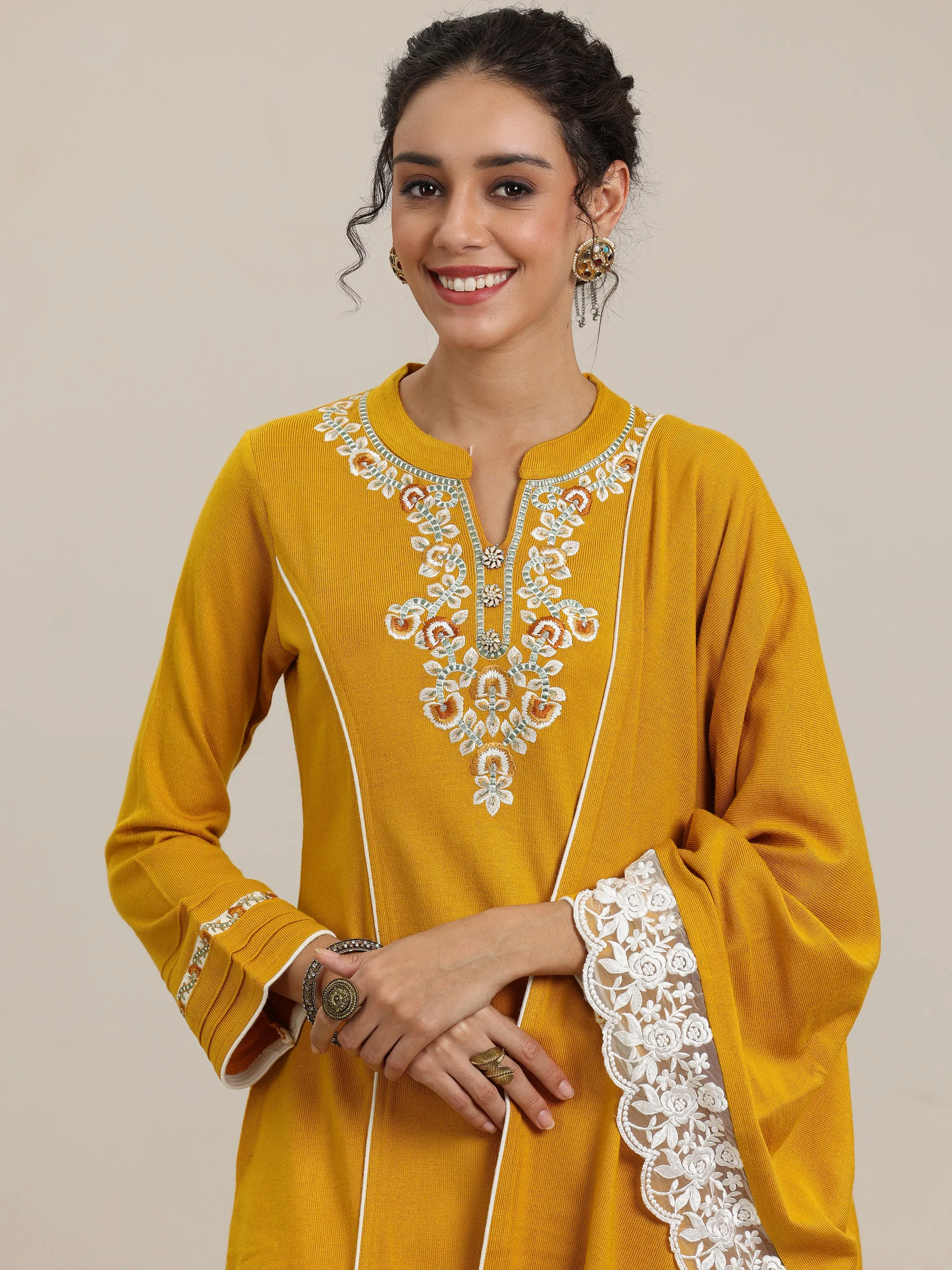 Mustard Yoke Design Wool Blend Straight Suit With Dupatta