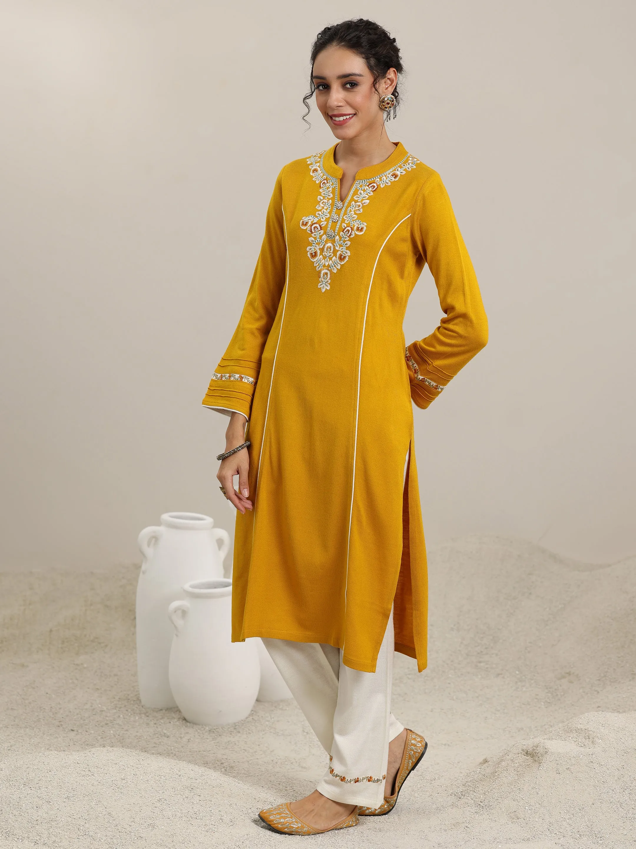 Mustard Yoke Design Wool Blend Straight Suit With Dupatta