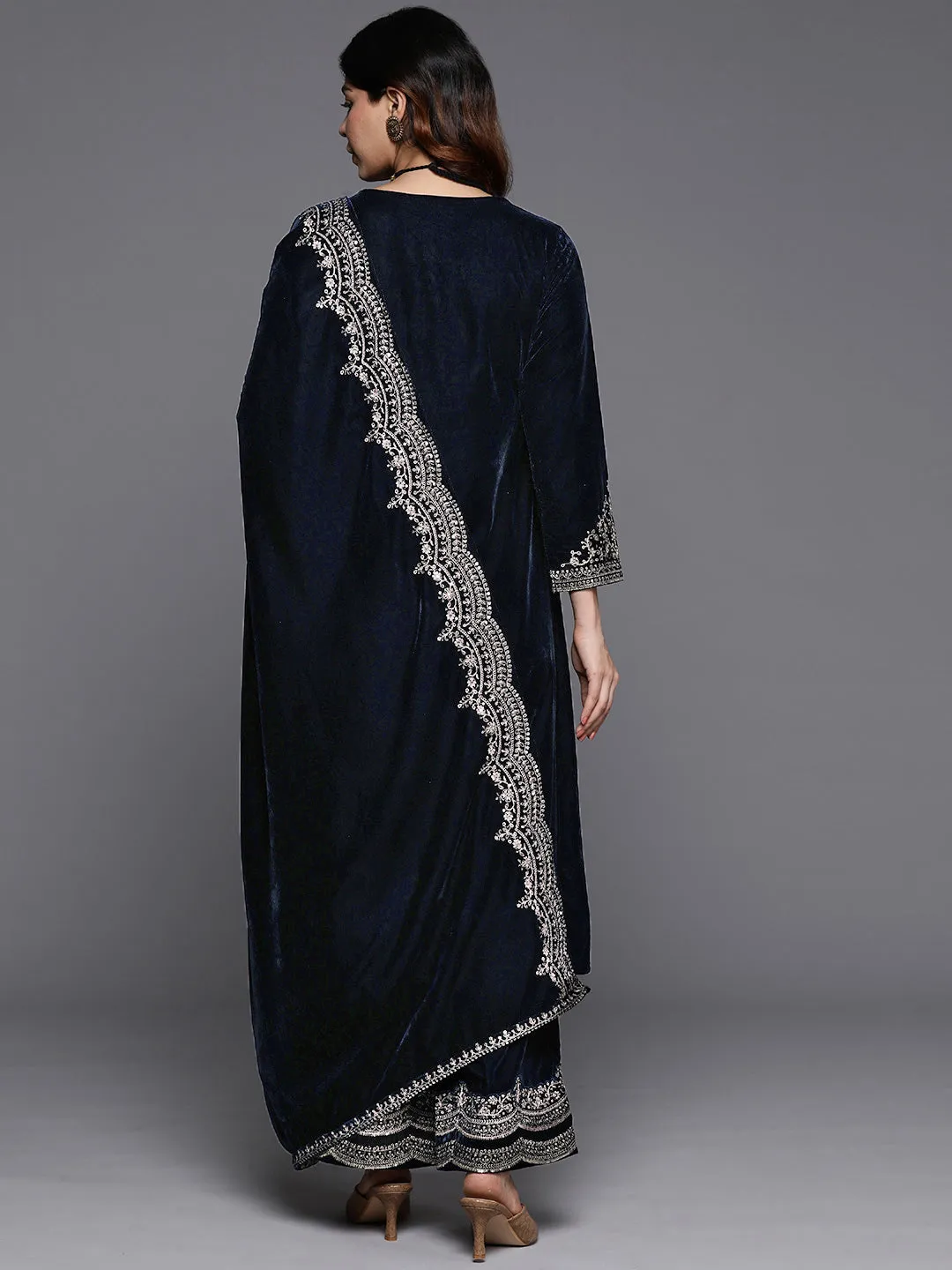 Navy Yoke Design Velvet A-Line Kurta With Palazzos & Dupatta