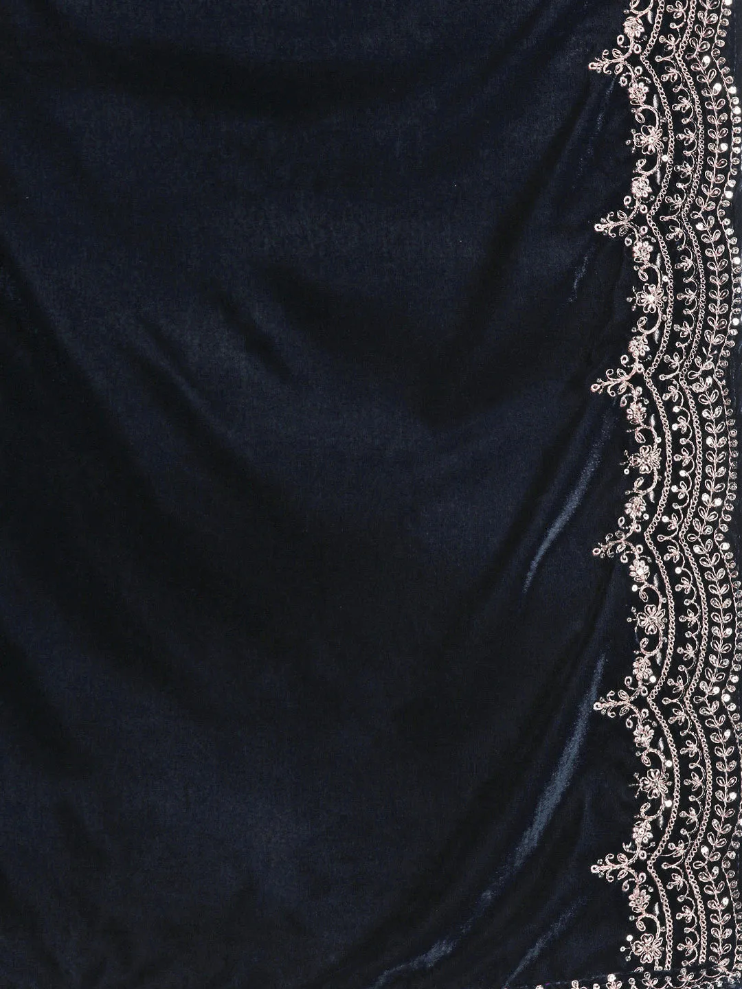 Navy Yoke Design Velvet A-Line Kurta With Palazzos & Dupatta