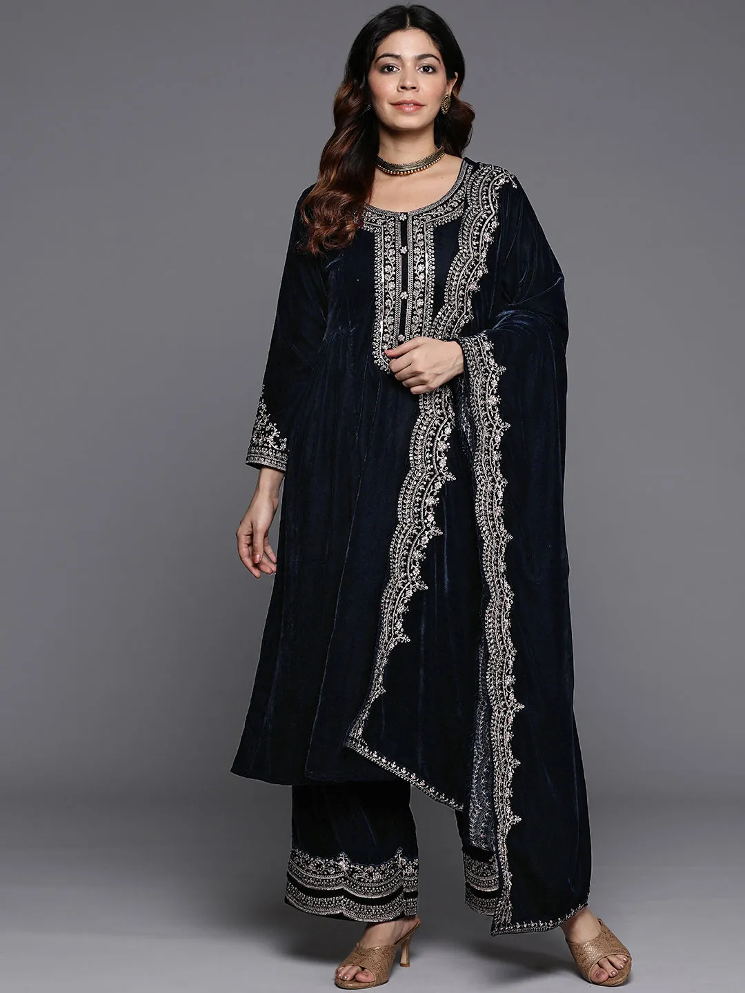 Navy Yoke Design Velvet A-Line Kurta With Palazzos & Dupatta