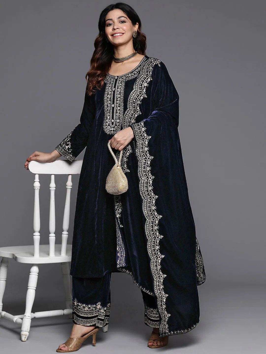 Navy Yoke Design Velvet A-Line Kurta With Palazzos & Dupatta