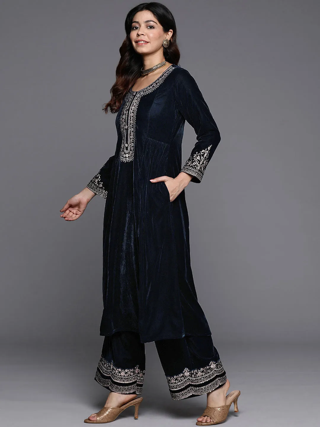 Navy Yoke Design Velvet A-Line Kurta With Palazzos & Dupatta