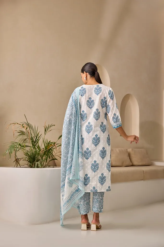 Neerus Blue Straight Printed Kurta And Trousers With Dupatta