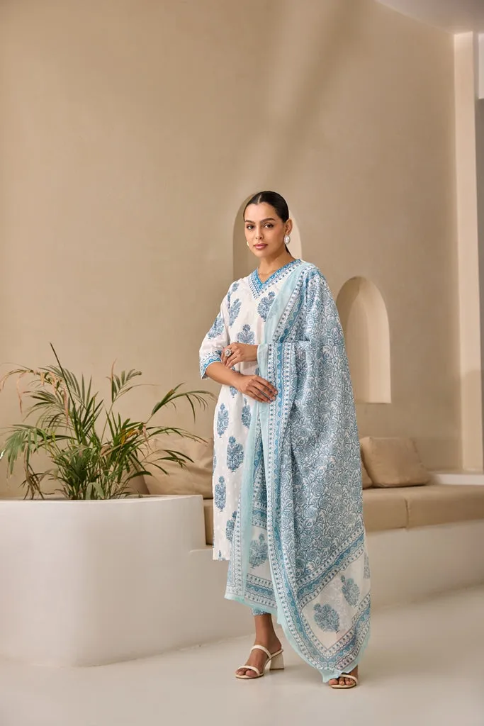 Neerus Blue Straight Printed Kurta And Trousers With Dupatta