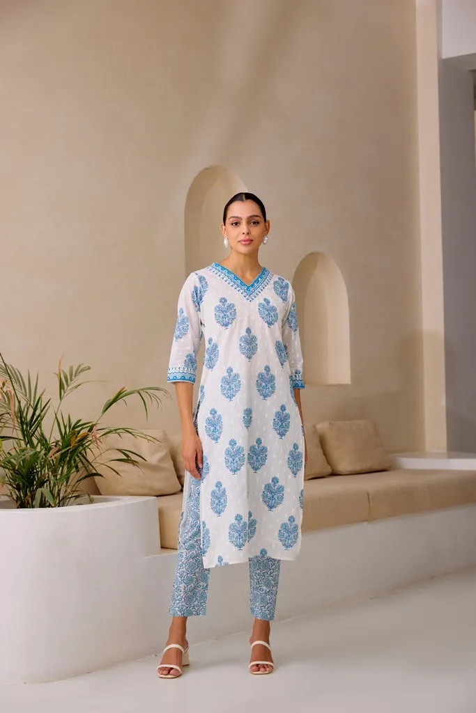 Neerus Blue Straight Printed Kurta And Trousers With Dupatta