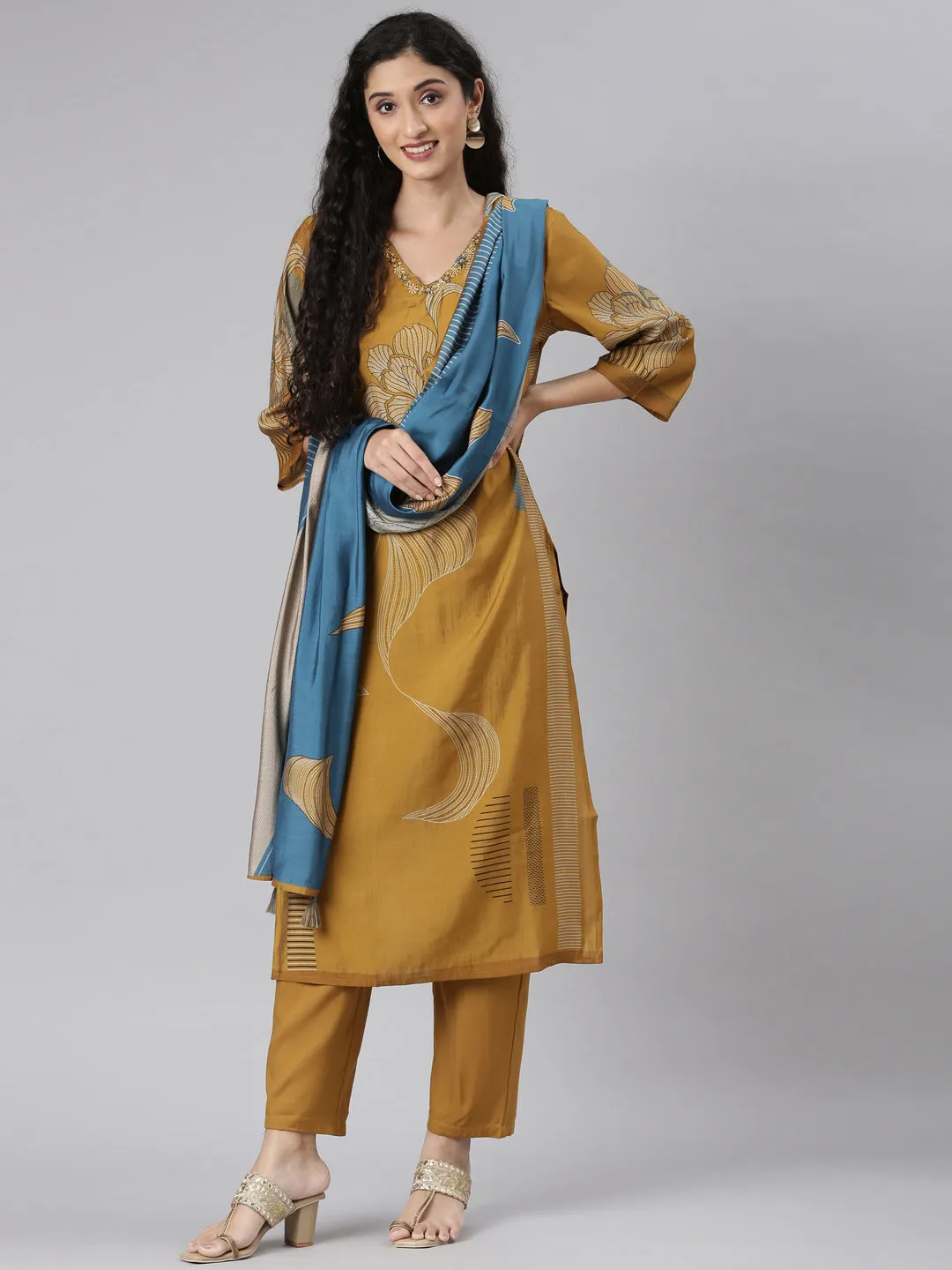 Neerus Gold Straight Casual Floral Kurta and Trouser with Dupatta